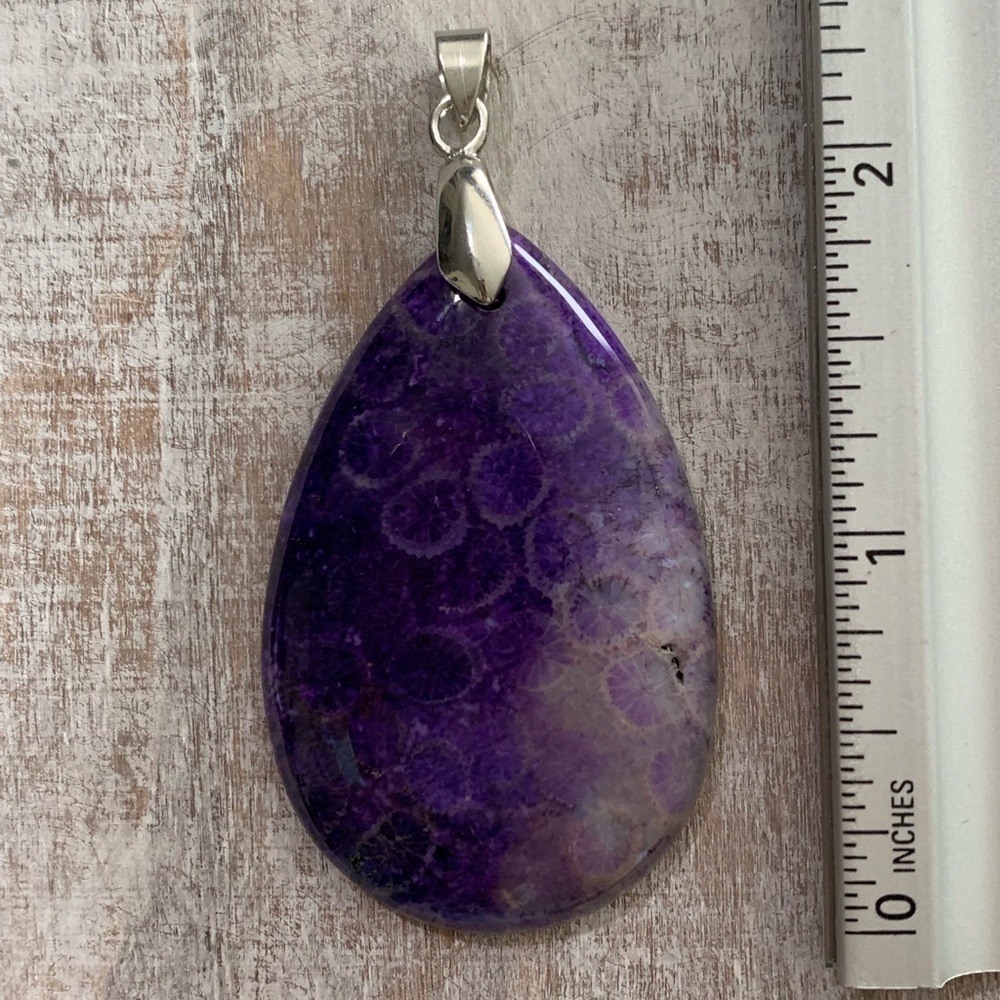 Purple Chrysanthemum Coral Fossil Teardrop Pendant Necklace – One of a Kind - Picture 6 of 10